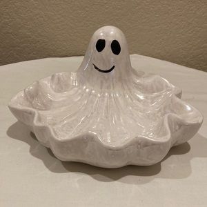 WCL Vtg Iridescent Ceramic Halloween White Ghost Candy Bowl Dish Scalloped Edges